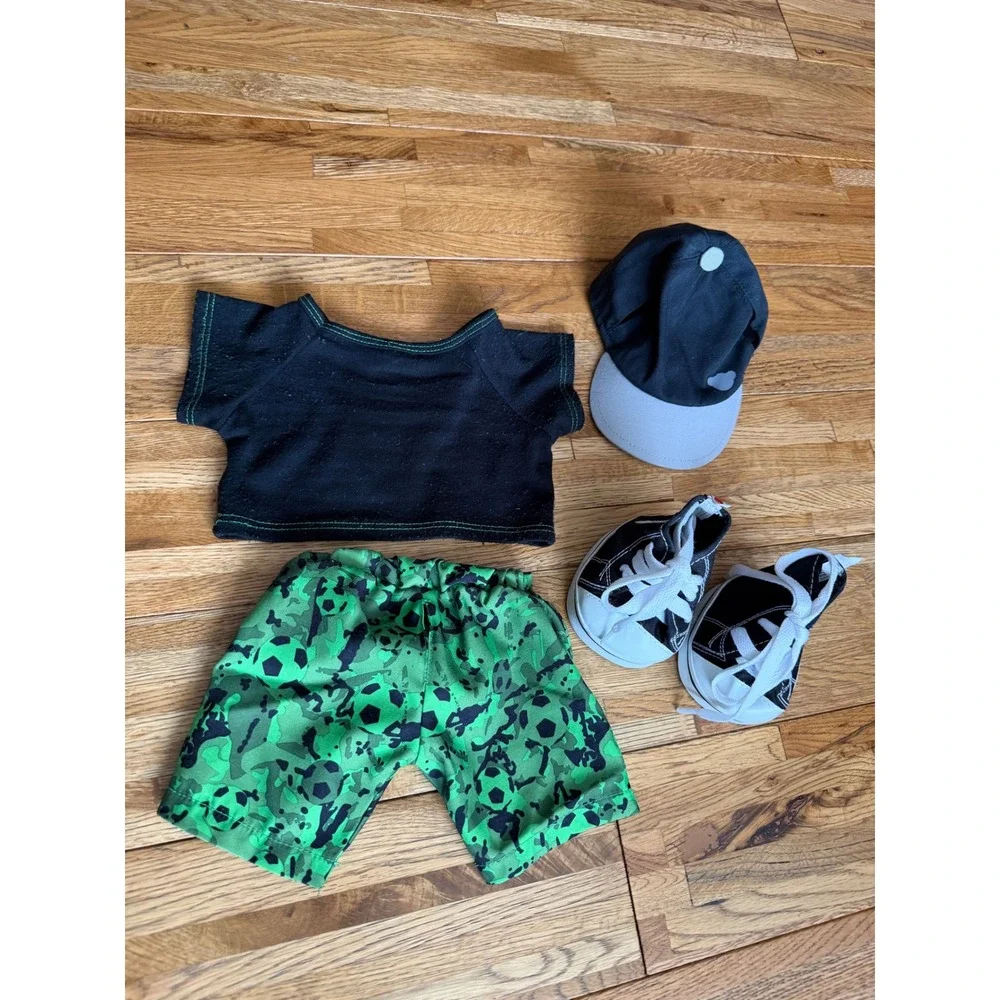 Build a Bear Soccer Outfit Shirt Shorts Cap Shoes Green Black Ball Graphic